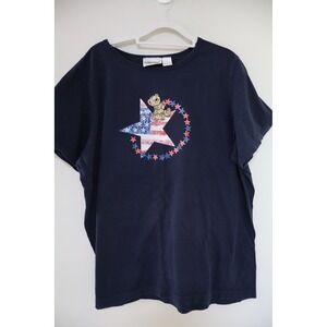 Patriotic Americana Fashion Bug‎ Graphic T-Shirt 1X Navy Blue Teddy Bear Star
